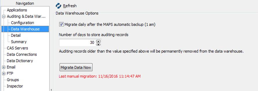 Data Warehouse screen in MAPS.  Data Warehouse options include a checkbox to migrate daily after the MAPS automatic backup, the number of days to store auditing records, and a button to migrate data now.  The screen also displays the date and time of the last manual migration.